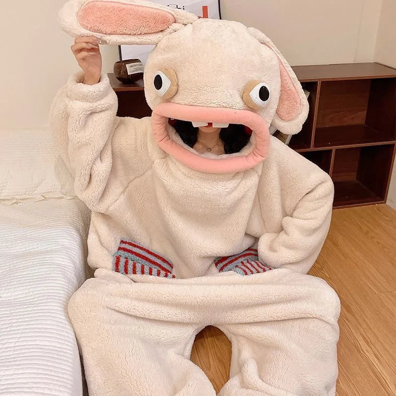 Rabbit Coral Fleece Pajamas Hooded Sleepwear