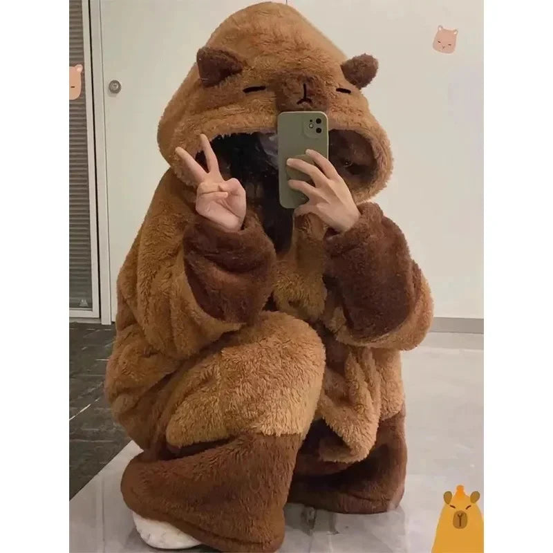 Capybara Hooded Plush Onesie Pajamas