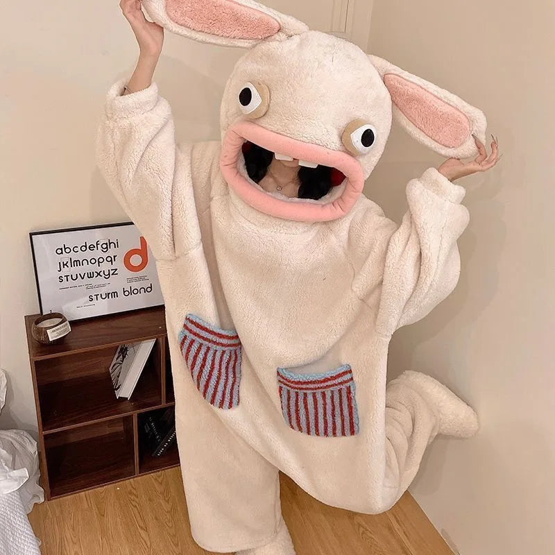 Rabbit Coral Fleece Pajamas Hooded Sleepwear