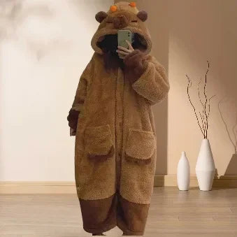 Capybara Hooded Plush Onesie Pajamas